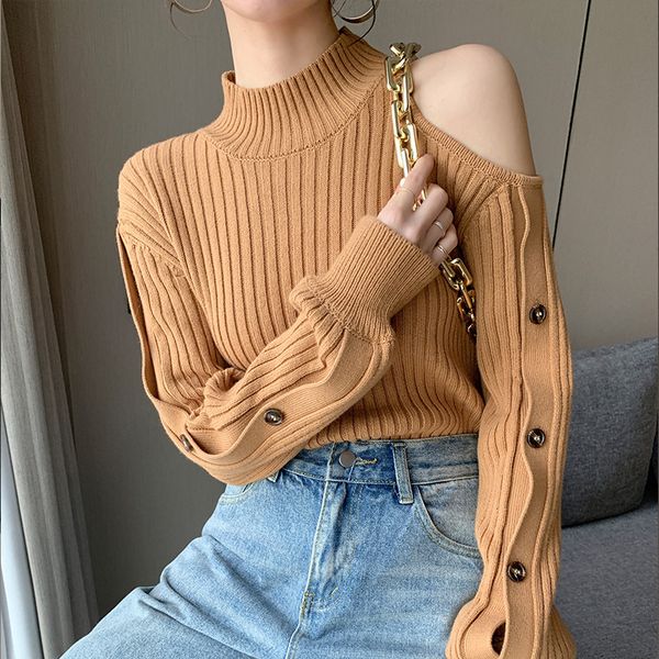 

women's knits & tees asymmetric side off shoulder woman sweaters turtleneck button design elegant camel pullovers winter clot, White