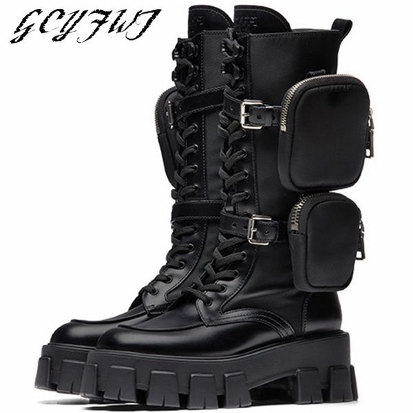

pocket bag women's mid calf boots flat platform round toe buckle women shoes cross-tied zipper-sid thick bottom zapatos de mujer 210914, Black