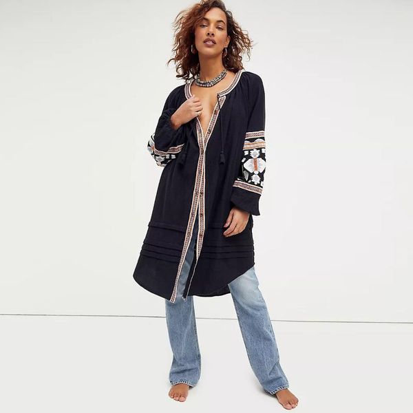 

casual dresses jastie retro bohemian women's dress floral embroidery stitching round collar lantern sleeve loose robe autumn, Black;gray