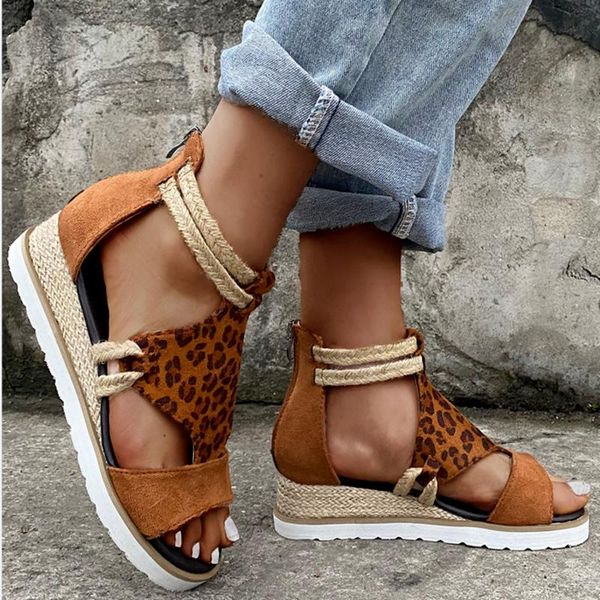 

sandals 2021 women's wedges open toe peep leopard roman style shoes flock zipper plus size zapatillas mujer, Black