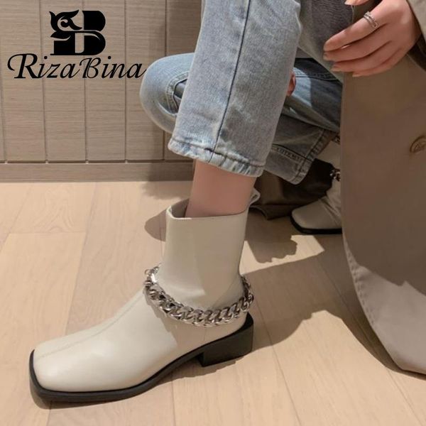 

boots rizabina ankle women real leather metal chain shoes winter fashion cool footwear ladies party size 34-40, Black