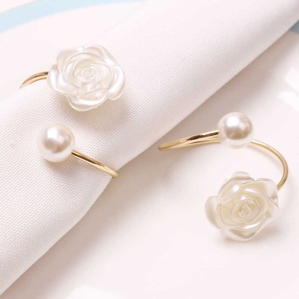 anello di tovagliolo dell'anello di tovagliolo dell'inarcamento del tovagliolo del fiore della rosa della perla di cerimonia nuziale 6pcs/lot 210706