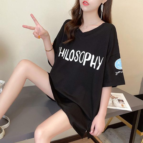 

women's t-shirt #0785 black white orange backless long t shirt women v neck cotton letters printed female loose womens tee shirts