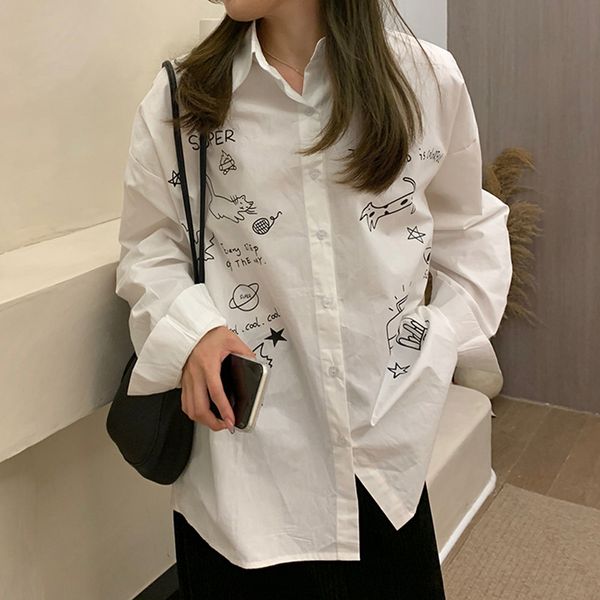 

2021 spring autumn womens blouse korean style causal breif loose cartoon shirt women outwear coat (f4213, White