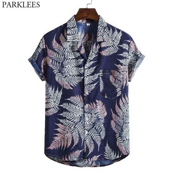 

fashion leaves mens hawaiian beach shirts short sleeve casual button down tropical aloha shirts men party holiday chemise homme 210522, White;black