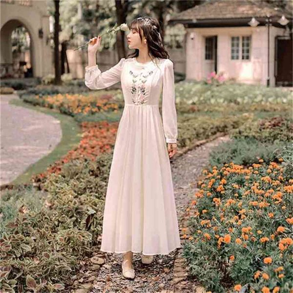 

maxi chiffon evening party dress spring apricot sweet o-neck full sleeve long women dresses floral embroidery vestido 210603, Black;gray