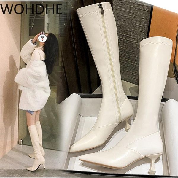 

boots 2021 women's autumn winter high heeled ladies knight knee 6cm heels zipper white fur shoes, Black