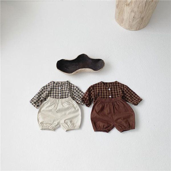 

jumpsuits baby girls boys rompers cute korean version long sleeve spring born plaid shirt casual clothes set 2021 fashion, Blue