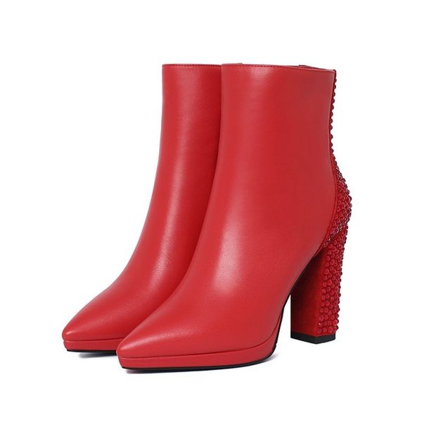 

boots ol woman platform ankle boots real leather strass square heel pointed finger of black foot red party shoes female size eua 4-9.5 tzoj