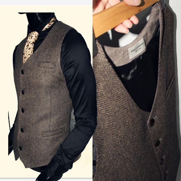 

men's vests suit vest herringbone vintage wool jacket business self-cultivation sleeveless steampunk waistcoat to keep warm, Black;white