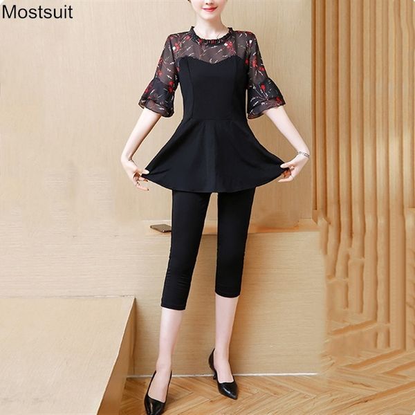 

summer elegant fashion outfit plus size women two piece set long sleeve tunic printed and calf-length pants sets suit 210518, White