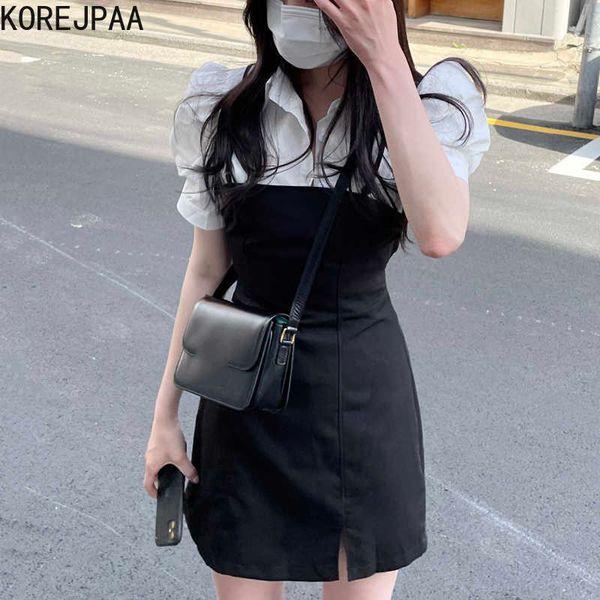 

korejpaa women sets summer korean chic ladies lapel single-breasted puff sleeve shirt back lace slim-fit slit sling dress 210526, White