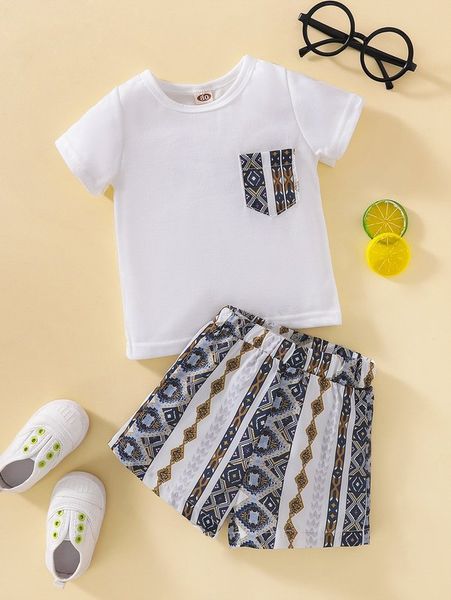 

baby pocket front geo graphic tee & shorts she, White
