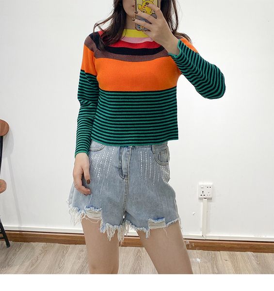 

sweater 2021 rainbow contrast stripe slim short pullover vlth, White;black