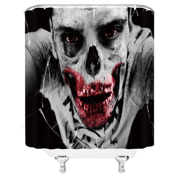 

horror zombie shower curtain by,pale face leaking blood red teeth body without skin cracked glass halloween,fabric bathroom
