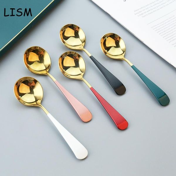 

spoons colorful 304 stainless steel serving round shape soup spoon coffee scoop ice cream dessert tea tableware kitchen cake tool