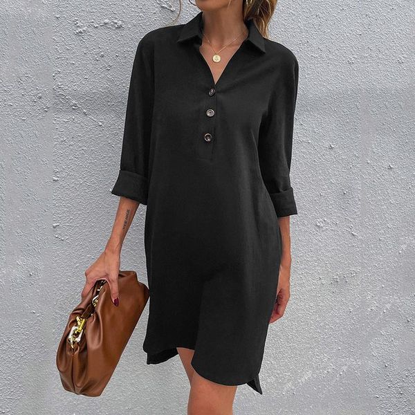 

casual dresses crade homes 2021 autumn black turn-down collar long sleeve loose women dress button fashion high waist lady wear, Black;gray