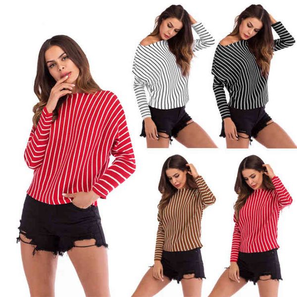 Outono listrado malha top batwing manga o pescoço mulheres confortável confortável simples solto pulôvers fino camisola vermelha preto cáqui vermelho 210507