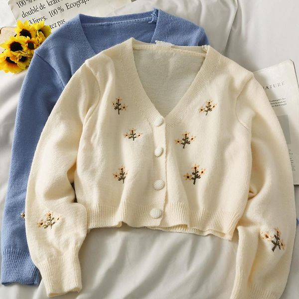 

women's knits & tees sweater 2021 autumn jumpers v neck embroidery flowers crop long sleeve single-breasted knitted cardigan gentle, White