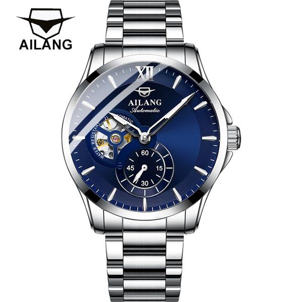

wristwatches ailang automatic mechanical hollow stainless steel men's watch luminous sports casual blue dial business formal 8627, Slivery;brown