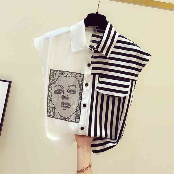 

women's turn down collar short sleeves character print patchwork stripe shirts female shirt blouse a3498 210519, White