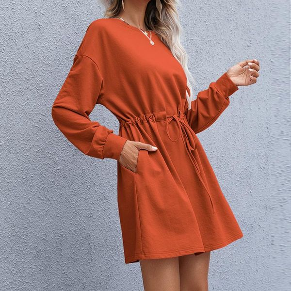 

casual dresses solid dress women autumn/ winter round neck mini long-sleeved basic pocket waist drawstring for clothes, Black;gray
