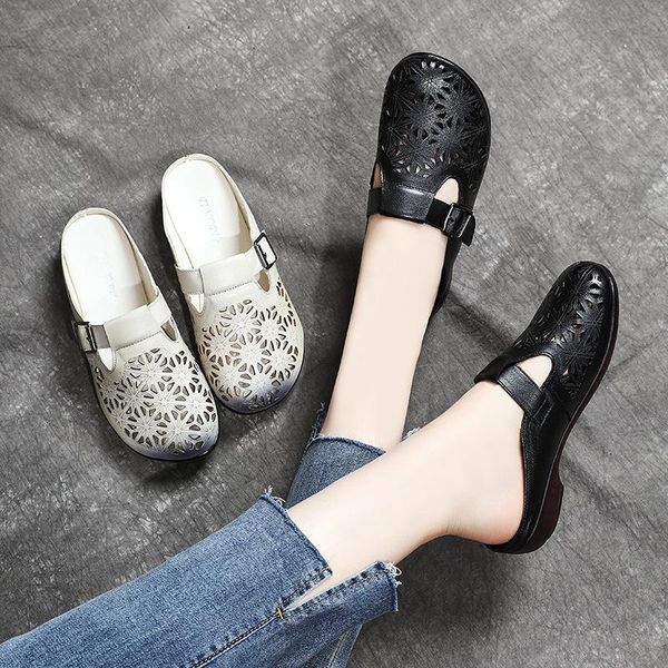 

slippers summer baotou sandals leather low heel women's hollow out retro national style, Black