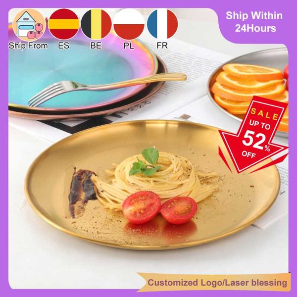 

dishes & plates stylish round dinnerware serving tray golden dining stainless steel plate cake salad dessert tableware kitchen tools