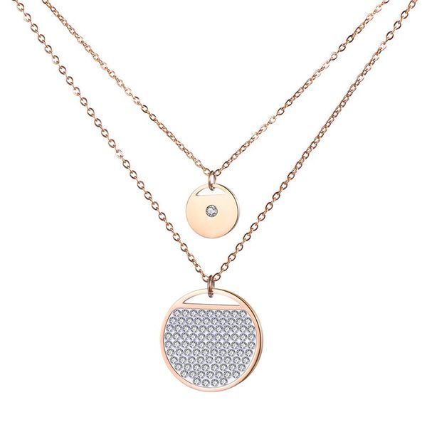 

pendant necklaces stainless steel jewelry double layers rhinestones round shape necklace rose gold color chain year gift n18281, Silver
