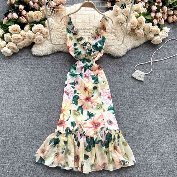 

summer sweet vestidos female wood ears v-neck slim bag hips ruffled fishtail skirt printed midi dress gk606 210507, Black;gray
