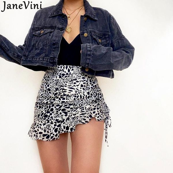 

janevini design leopard print drawstring mini skirts ruched ruffles women short skirt casual irregular hem summer, Black