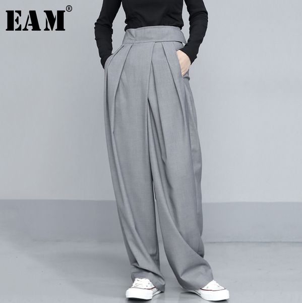

[eam] high waist pleated gray brief long wide leg trousers new loose fit pants women fashion tide spring autumn 1t735 210319, Black;white