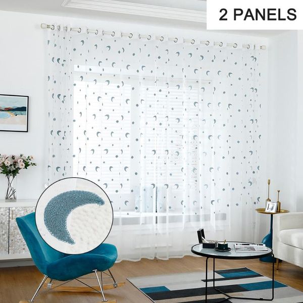 Panel Sheer Perde Pencere Oturma Odası Için Perdeleri Yatak Odası Modern Yüzük Top Işlemeli Yıldız Ve Ay Tül Vual Dürdü