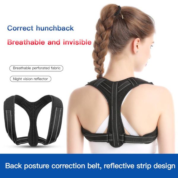 

back support adjustable posture corrector therapy corset spine belt lumbar correction bandage with reflective strip, Black;blue