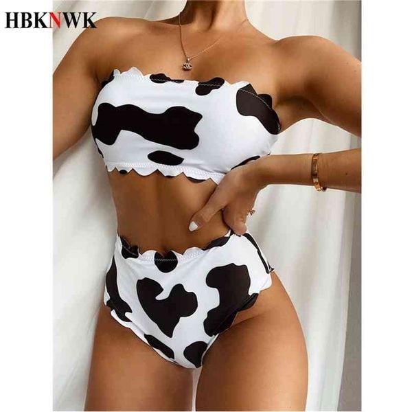 

cow print bikini set high waist swimsuit women's bandage swimwear summer beach two-piece swim bathing suit female 210730, White;black