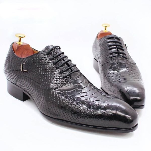 

dress shoes men's leather snake print spring and autumn business office wedding banquet carved casual, Black