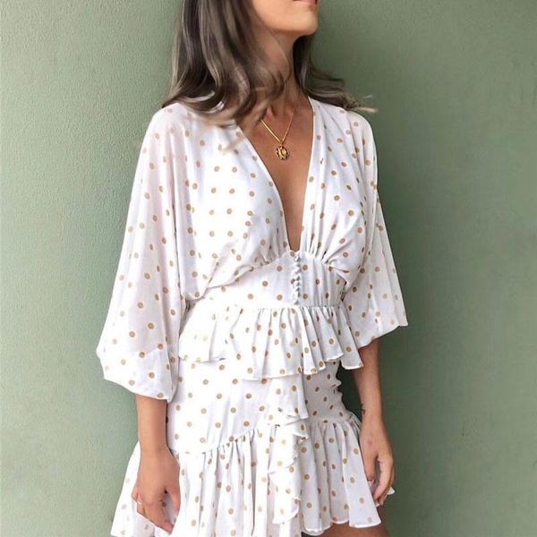 

casual dresses 2021 fashion white wave point v-neck waist slimming ruffled short dress clothes women elegant, Black;gray