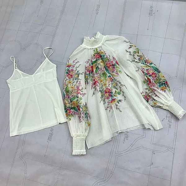 

women's blouses & shirts holiday style linen 2021 spring flowers print shirred long sleeve elegant loose blouse, White