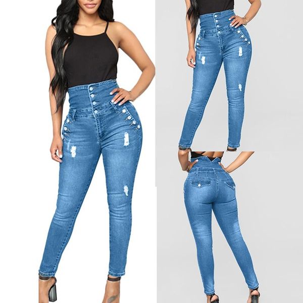 

women's jeans high waist women autumn elastic butto hole denim casual small feet loose cropped, Blue