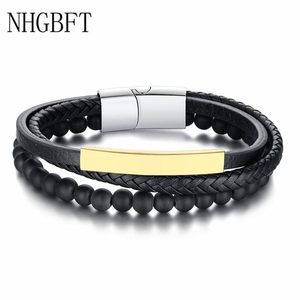 

mens multilayer black real leather bracelets straps custom gifts stainless steel buckle charm, Golden;silver
