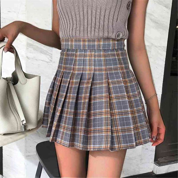 

chic summer women plaid skirt a-line harajuku korea sweet pleated cute high waist kawaii skirts casual japan mini skirt, Black