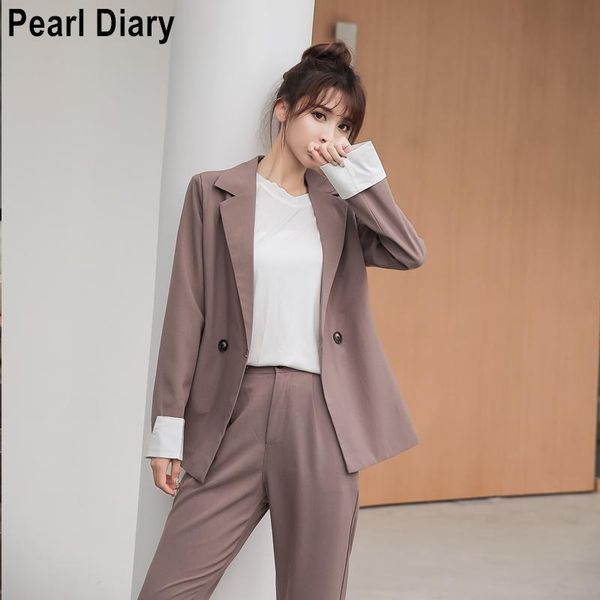 

women's two piece pants autumn office lady sets elegant work set women long sleeve blazer and high waist suit business 2 pieces, White