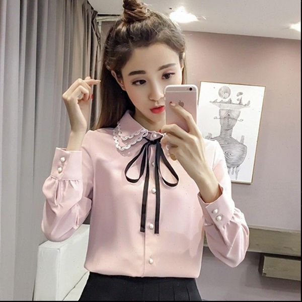 

spring autumn style vintage womens blouses casual long sleeve turn down collar pink white blusas df3089