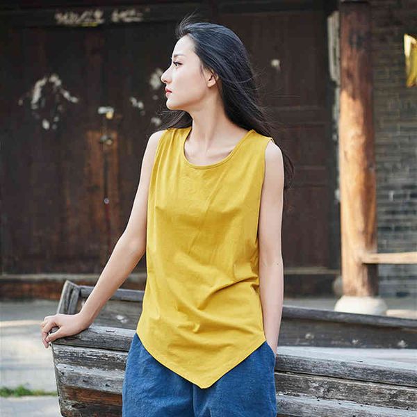 

johnature summer cotton tanks women casual soft sleeveless solid color women irregular tanks 210521, White