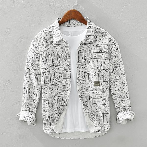 

men's casual shirts long-sleeved shirt loose and handsome jacket japanese printing trend all-match camisas para hombre, White;black