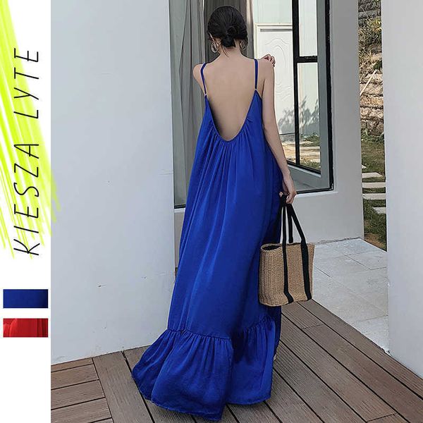 Frauen Strand Urlaub Kleid Elegante Boho Sexy Fee Solide Rot Blau Backless Ärmel Lose Boden Kleider Weibliche Sommer Vestidos 210608