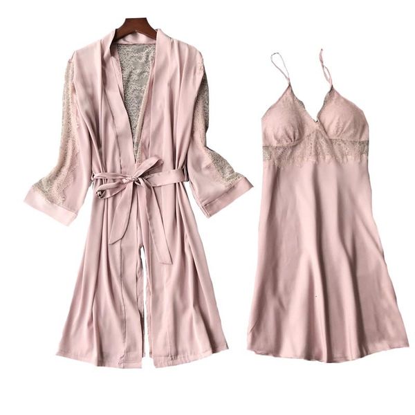 

women's sleepwear lace nightgown ladies solid color ice-silk cardigan+dress comfort women soft satin homewear for spring and, Black;red