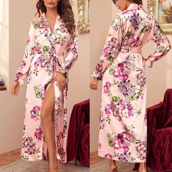 

women's sleepwear women\u2021s summer autumn fashion sleeping dress v-neck lace up flower printing long-sleeved cozy robes 2021, Black;red