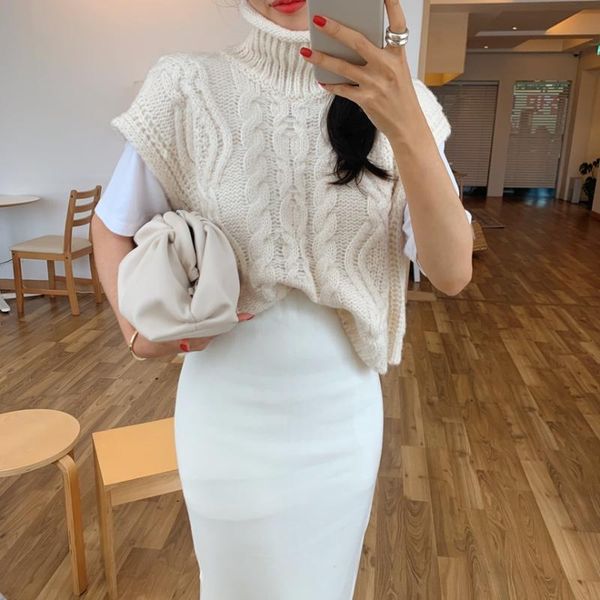 

women's sweaters han edition fashion pure color spot pattern diamond lattice turtleneck vest knitted female, White;black