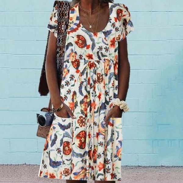 

maternity dresses summer boho casual dress for women 2021 fashion print ladies o-neck pockets clubwear party vestidos de mujer#30, White